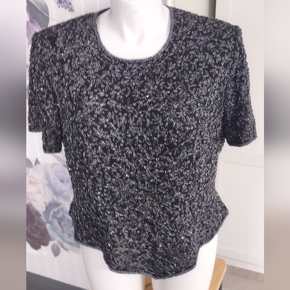 Vintage Papell Boutique Evening Sequined Top  Sz 1x 14/18 Lined silk EUC